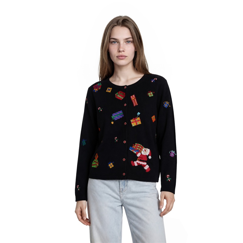 Michael Simon Lite Cardigan Top Womens Size 2X Black 100% Cotton Santa Christmas